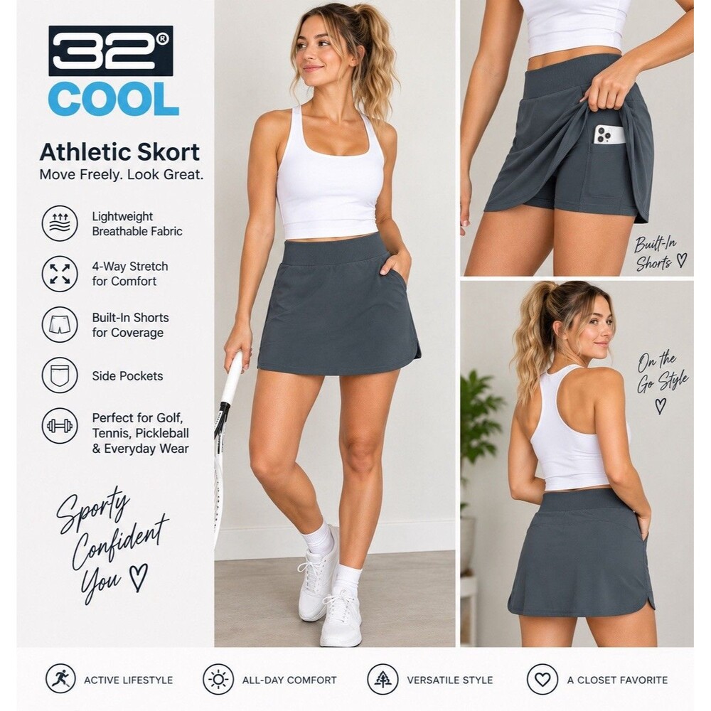 32 Degrees Cool W S Blue Gray Athletic Skort Golf Tennis Pockets Stretch